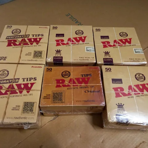 LOT OF 6 SEALED 50-PACKS OF RAW SMOKING ACCESSORIES TO INCLUDE PERFORATED TIPS AND ROLLING PAPERS