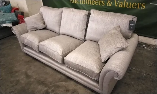 QUALITY DESIGNER PARKER KNOLL 3 SEATER SOFA IN SILVER PATTERNED FABRIC