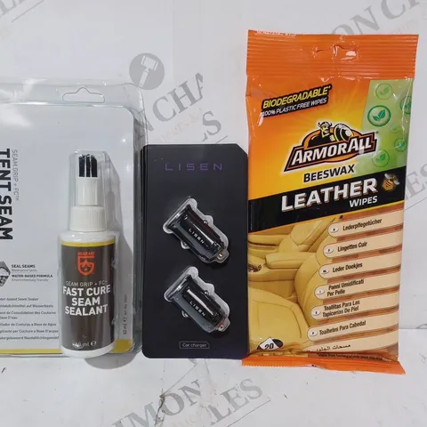 BOX OF APPROXIMATELY 20 ASSORTED CAR AND VEHICLE PARTS AND ACCESSORIES TO INCLUDE ARMOURALL BEESWAX LEATHER WIPES, LISEN CAR CHARGER, GEAR AID TENT SEAM SEALANT, ETC