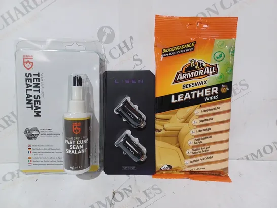 BOX OF APPROXIMATELY 20 ASSORTED CAR AND VEHICLE PARTS AND ACCESSORIES TO INCLUDE ARMOURALL BEESWAX LEATHER WIPES, LISEN CAR CHARGER, GEAR AID TENT SEAM SEALANT, ETC