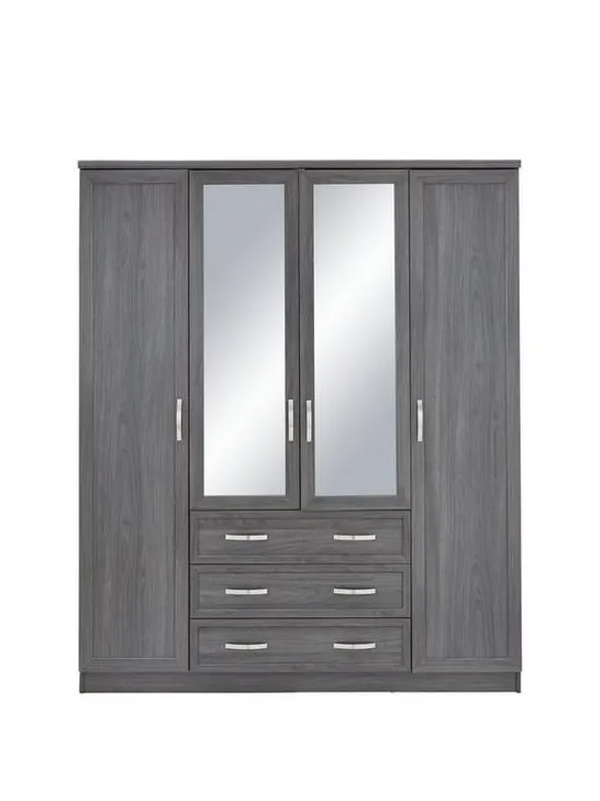 BOXED GRADE 1 CAMBERLEY DARK OAK-EFFECT 4-DOOR 3-DRAWER MIRRORED WARDROBE (2 BOXES) RRP £359