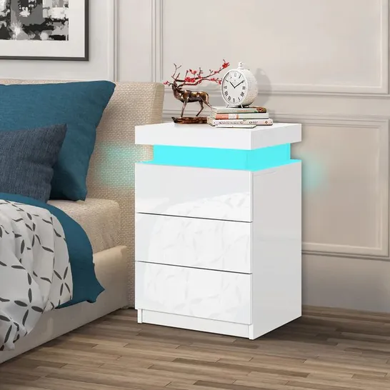 BOXED ELFORDSON BEDSIDE TABLE RGB LED NIGHTSTAND 3 DRAWERS 4 SIDE HIGH GLOSS WHITE