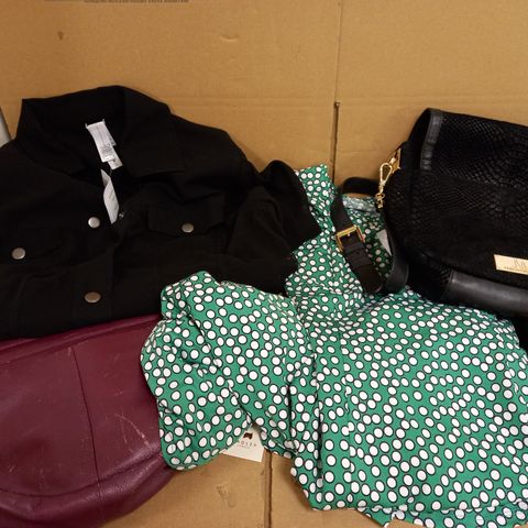 LOT OF APPROX 10 ASSORTED CLOTHING ITEMS TO INCLUDE JULIAN MACDONALD BLACK BAG, PERCEPTIONS NY GREEN DRESS, BLACK WYNNE LAYERS BLACK BLOUSE