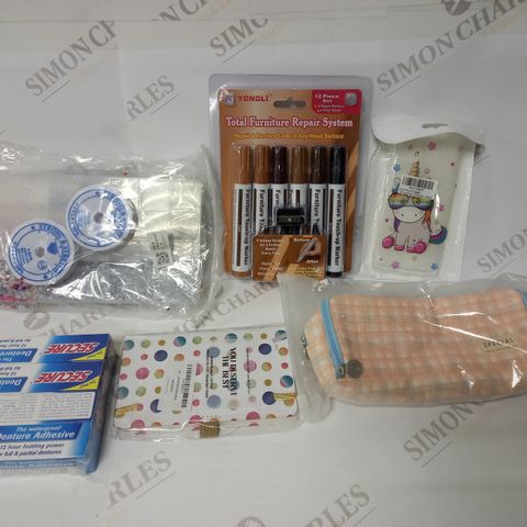 LOT OF APPROXIMATELY 20 ASSORTED HOUSEHOLD ITEMS, TO INCLUDE COSMETIC BAG, BEADS, FURNITURE MARKERS, ETC