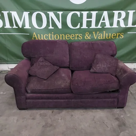 DESIGNER 2 SEATER SOFA UPHOLSTERED IN PURPLE FABRIC WITH CUSHIONS