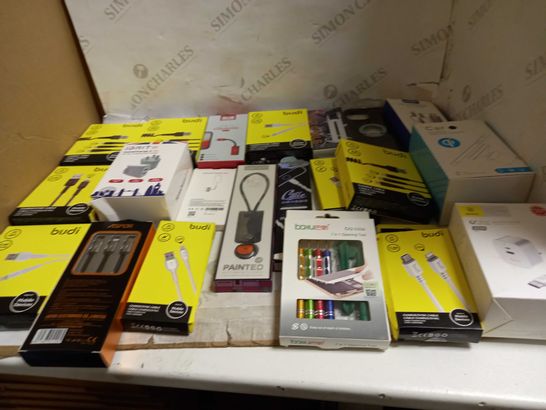 LOT OF APPROXIMATELY 50 PERIPHERALS TO INCLUDE BUDI SYNC CABLE, ASPOR AC-20, AND AUX CABLE ETC.