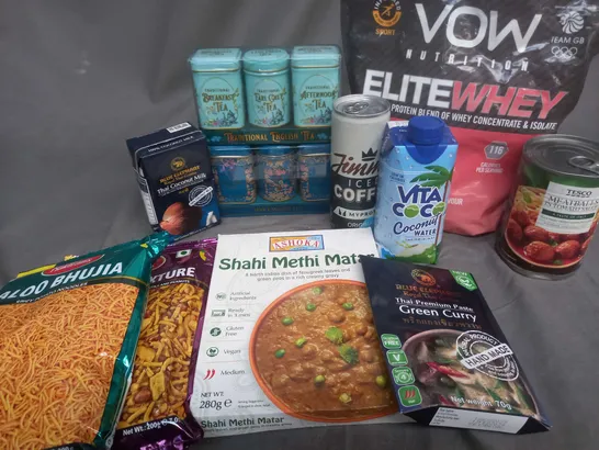 APPROXIMATELY 20 ASSORTED FOOD AND BEVERAGE PRODUCTS TO INCLUDE, VOW PROTEIN POWDER, BLUE ELEPHANT COCONUT MILK, VITA COCONUT WATER, TRADITIONAL ENGLISH TEA