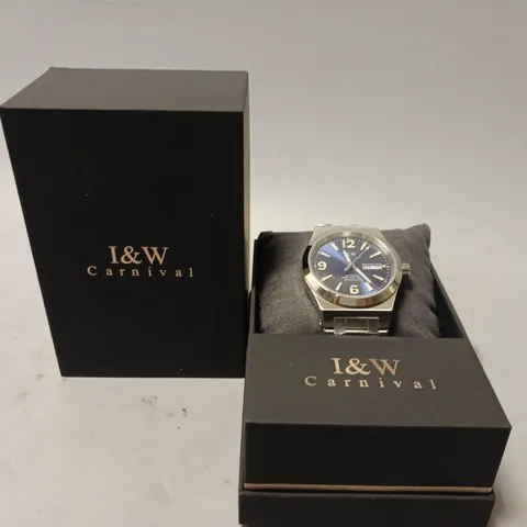 BOXED I&W CARNIVAL MENS AUTOMATIC TWENTY FOUR JEWELS BLUE FACE WATCH