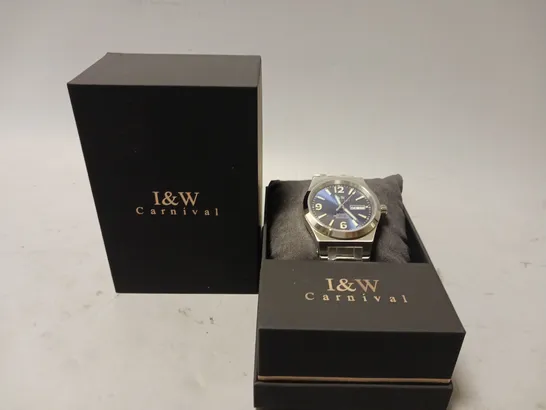 BOXED I&W CARNIVAL MENS AUTOMATIC TWENTY FOUR JEWELS BLUE FACE WATCH