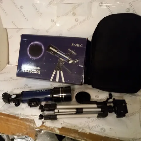 BOXED ESAKO ASTRONOMICAL TELESCOPE  (16 - 66X MAGNIFICATION) WITH TRIPOD, SOFT CARRY CASE AND ACCESSORIES