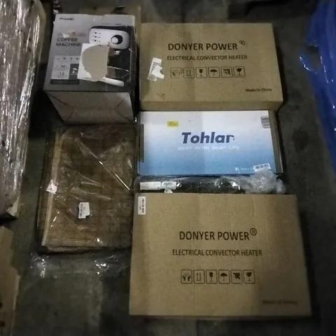 PALLET OF ASSORTED ITEMS INCLUDING DONYER POWER ELECTRICAL CONVECTOR HEATER, PRESSURE COFFEE MACHINE, TOLLARD KITCHEN TAP, VACMASTER VACUUM, SPACE HEATER, ALUMINIUM TRIPOD 