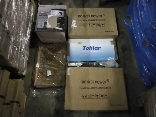 PALLET OF ASSORTED ITEMS INCLUDING DONYER POWER ELECTRICAL CONVECTOR HEATER, PRESSURE COFFEE MACHINE, TOLLARD KITCHEN TAP, VACMASTER VACUUM, SPACE HEATER, ALUMINIUM TRIPOD 