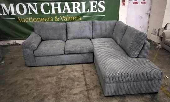 DESIGNER JUMBO CORDED GREY FABRIC CORNER GROUP SOFA WITH CHAISE SECTION