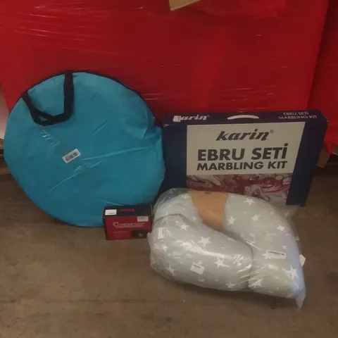 PALLET OF ASSORTED ITEMS INCLUDING POP UP TENT, MARBLING KIT, NURSING PILLOW, LED LIGHTING KIT