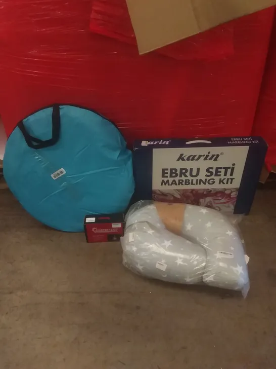 PALLET OF ASSORTED ITEMS INCLUDING POP UP TENT, MARBLING KIT, NURSING PILLOW, LED LIGHTING KIT