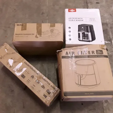 PALLET OF ASSORTED PRODUCTS INCLUDING AIR FRYER WITH VISIBLE WINDOW, NONSTICK COOKWARE SET, COUNTERBALANCE MONITOR ARM, OFFICE CHAIR