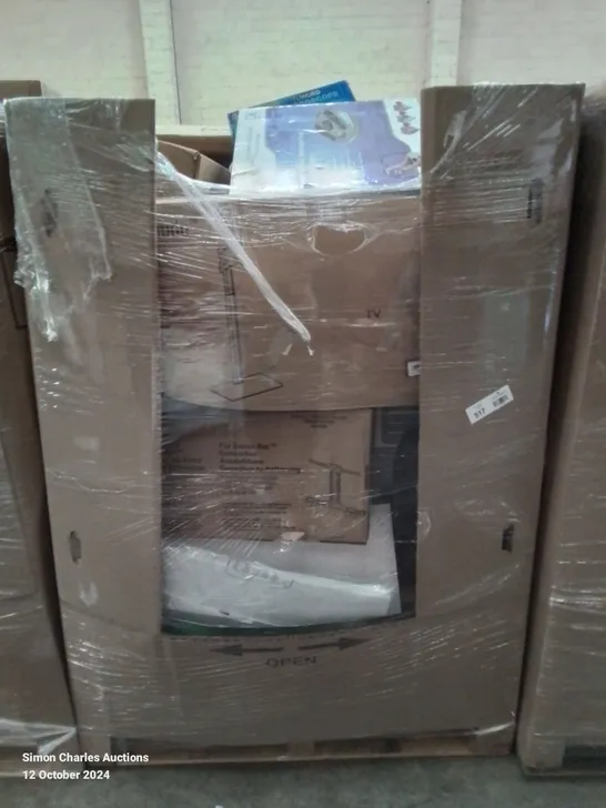 PALLET CONTAINING VARIOUS ASSORTED ITEMS TO INCLUDE: ELECTRIC FOOT MASSAGER, TURNTABLE SYSTEM, KIDS MUD KITCHEN PLAYLET AND LOTS MORE UNMARKED BOXED ITEMS