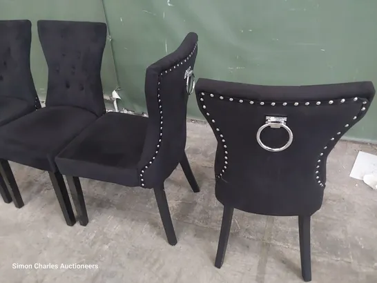 SET OF FOUR UPHOLSTERED BUTTONED RING BACK DINING CHAIRS BLACK PLUSH FABRIC ON BLACK PAINTED LEGS 