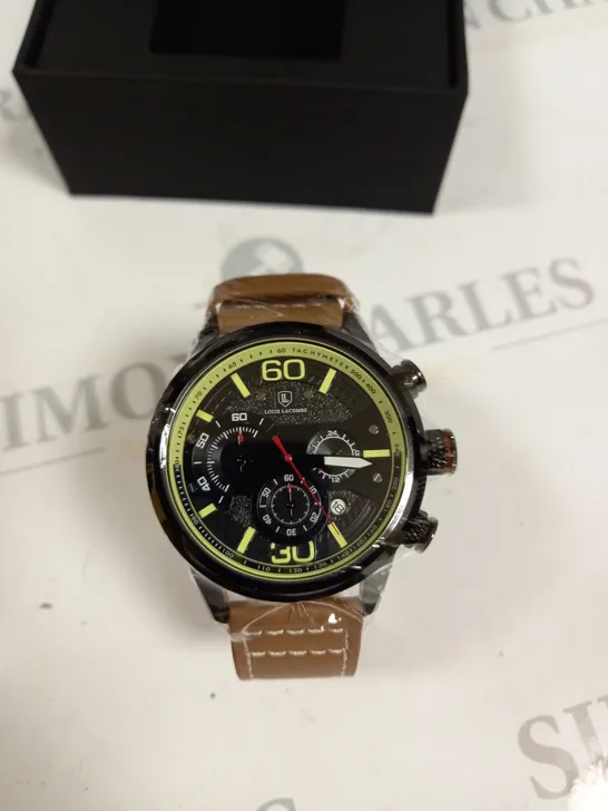 MENS LOUIS LACOMBE WATCH MULTI FUNCTION BLACK DIAL & CASE LEATHER STRAP