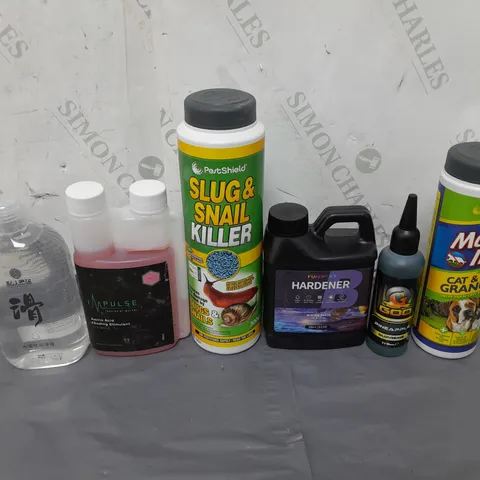 LOT OF APPROXIMATELY 10 ASSORTED HOUSEHOLD ITEMS TO INCLUDE SLUG AND SNAIL KILLER, HARDENER AND CAT AND DOG GRANULES