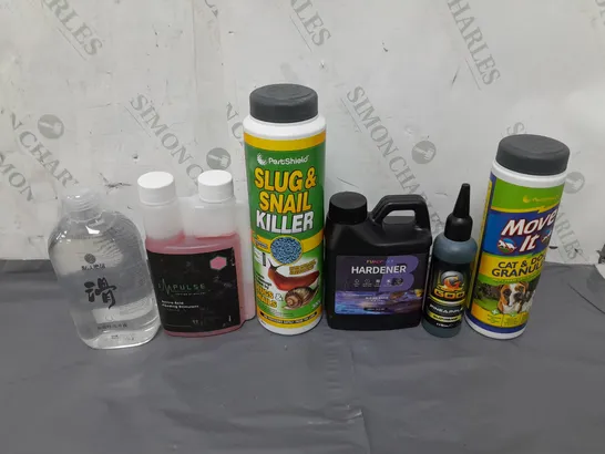 LOT OF APPROXIMATELY 10 ASSORTED HOUSEHOLD ITEMS TO INCLUDE SLUG AND SNAIL KILLER, HARDENER AND CAT AND DOG GRANULES