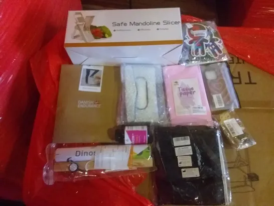 PALLET OF ASSORTED ITEMS INCLUDING SAFE MANDOLINE SLICER, PINK TISSUE PAPER, MERINO DRESS SOCKS, CHILDREN'S HEIGHT CHART WALL RULER, PHONE CASE, TISSUE HOLDER FOR CAR 