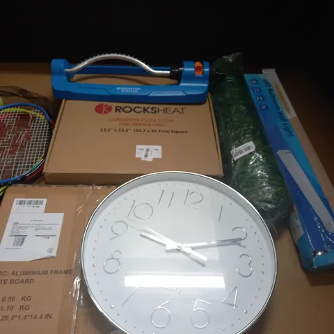LOT OF ASSORTED HOUSEHOLD ITEMS TO INCLUDE WHITE BOARD, WALL CLOCK, BATHROOM WALL LIGHT AND PIDGEON DETERRENTS 