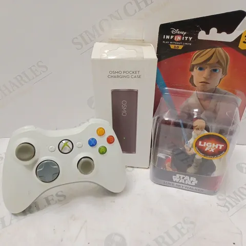 APPROXIMATELY 20 ASSORTED ELECTRICALS TO INCLUDE XBOX 360 CONTROLLER, OSMO POCKET CHARGING CASE, DISNEY INFINITY STAR WARS LUKE SKYWALKER FIGURE, ETC