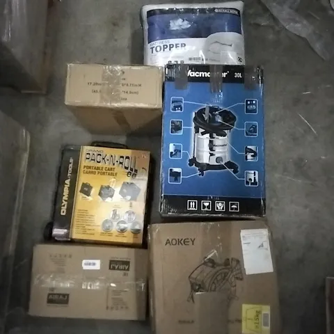 PALLET OF ASSORTED ITEMS INCLUDING VACMASTER, MATTRESS TOPPER, PORTABLE CART, AIRAJ TOOL BAG, AOKEY HOSE REEL, DISH DRAINER