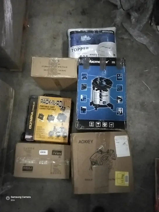 PALLET OF ASSORTED ITEMS INCLUDING VACMASTER, MATTRESS TOPPER, PORTABLE CART, AIRAJ TOOL BAG, AOKEY HOSE REEL, DISH DRAINER