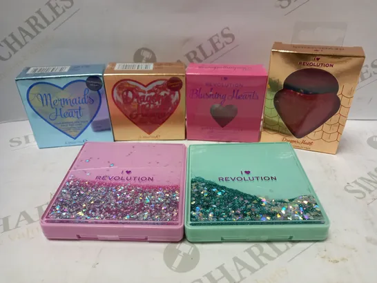 LOT OF 6 ASSORTED REVOLUTION PRODUCTS TO INCLUDE MERMAID'S HEART HIGHLIGHTER, TRIPLE BAKED BLUSH, STARRY EYED PIGMENT PALETTE, ETC 