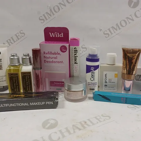 BOX OF APPROX 10 ASSORTED BEAUTY PRODUCTS TO INCLUDE REVOLUTION PRO SATIN MATTE LIPSTICK #SECLUSION, CERAVE SKIN RENEWING RETINOL SERUM, GRUUM FACE SUNSCREEN, ETC