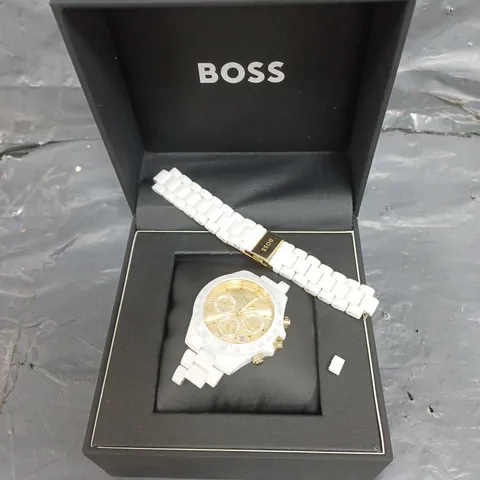 BOXED BOSS LADIES CERAMIC WATCH IN WHITE/GOLD