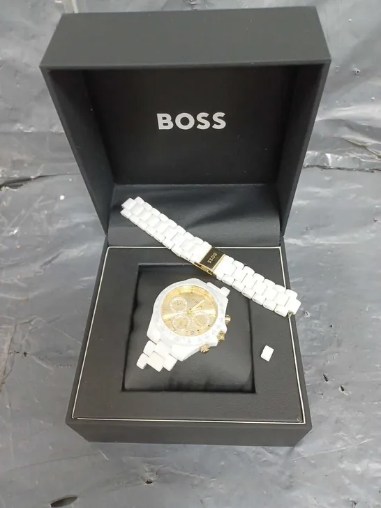 BOXED BOSS LADIES CERAMIC WATCH IN WHITE/GOLD