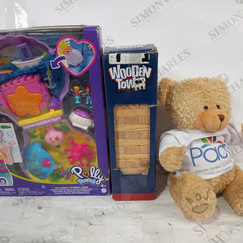 BOX OF APPROXIMATELY 20 ASSORTED TOYS AND GAMES TO INCLUDE PACT TEDDY, WOODEN TOWER GAME, POLLY POCKET TINY POWER SEASHELL PURSE, ETC