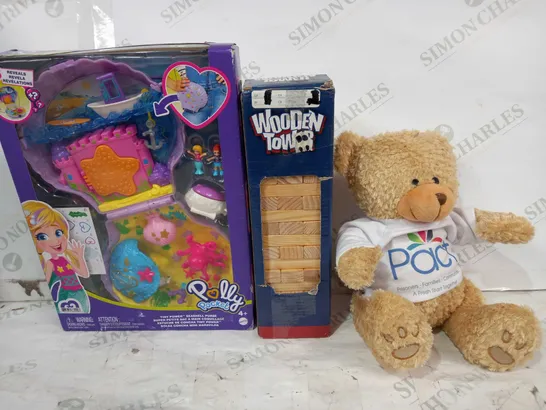 BOX OF APPROXIMATELY 20 ASSORTED TOYS AND GAMES TO INCLUDE PACT TEDDY, WOODEN TOWER GAME, POLLY POCKET TINY POWER SEASHELL PURSE, ETC