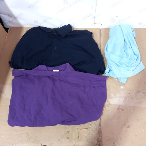 BOX OF APPROXIMATELY 12 ASSORTED BRAND NEW DESIGNER CLOTHING ITEMS TO INCLUDE FRUIT OF THE LOOM LIGHT BLUE POLO TOP, DESIGNER NAVY POLO TOP, DESIGNER PURPLE POLO TOP ETC