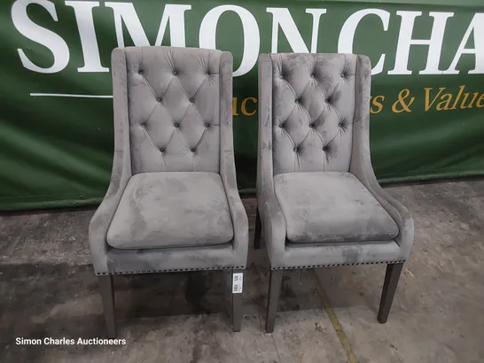 PAIR OF DESIGNER UPHOLSTERED MINK PLUSH FABRIC DINING CHAIRS WITH STUDDED DETAIL ON SILVERED LEGS