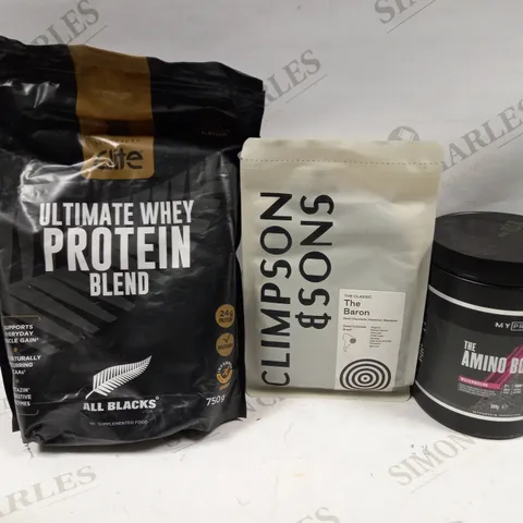 LOT OF APPROXIMATELY 8 PACKS OF COFFEE BEANS AND SUPPLEMENTS TO INCLUDE CLIMPSONS & SONS THE BARON COFFEE, HEALTHSPAN ULTIMATE WHEY PROTEIN BLEND CHOCOLATE FLAVOUR, PRO THE AMINO BOOST WATERMELON SUPP