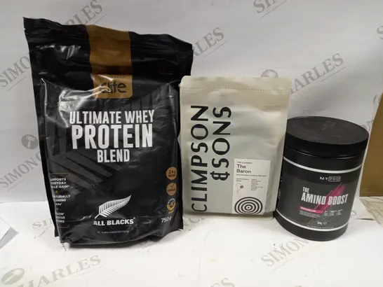 LOT OF APPROXIMATELY 8 PACKS OF COFFEE BEANS AND SUPPLEMENTS TO INCLUDE CLIMPSONS & SONS THE BARON COFFEE, HEALTHSPAN ULTIMATE WHEY PROTEIN BLEND CHOCOLATE FLAVOUR, PRO THE AMINO BOOST WATERMELON SUPP