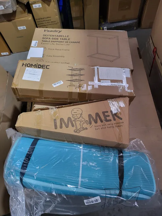 PALLET OF A LARGE NUMBER OF ASSORTED BOXED ITEMS TO INCLUDE IMMEK INFANT SCOOTER, VSADEY SOFA SIDE TABLE, DONYER POWER ELECTRIC PATIO HEATER, HOMIDEC CLOTHES AIRER, ETC