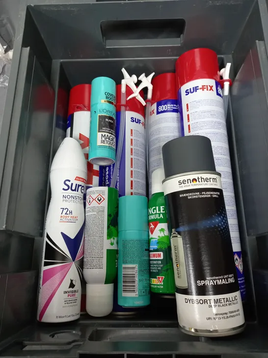 BOX OF APPROXIMATELY 10 ASSORTED AEROSOLS TO INCLUDE - SURE DEODORANT - SUFFIX MULTI PURPOSE PU FOAM - BATISTE DRY SHAMPOO - ETC - COLLECTION ONLY