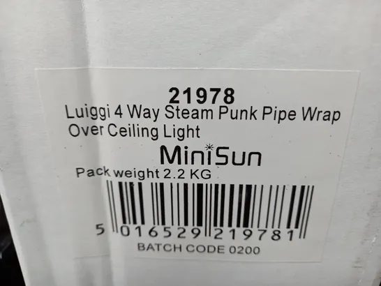 MINISUN LUIGGI 4 WAY STEAM PUNK PIPE WRAP OVER CEILING LIGHT 21978 WITH 4 MINISUN LIGHT BULBS 20325 - COLLECTION ONLY