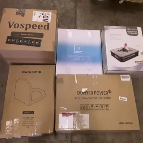 PALLET OF ASSORTED PRODUCTS INCLUDING VOSPEED STAND MIXER, TOILET LID, OLARHIKE DOUBLE HIGH AIR MATTRESS, ELECTRICAL CONVECTOR HEATER, ROUND MIRROR, HEATED THROW