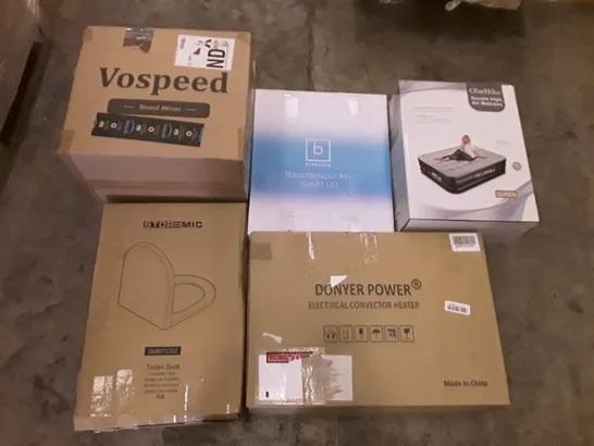 PALLET OF ASSORTED PRODUCTS INCLUDING VOSPEED STAND MIXER, TOILET LID, OLARHIKE DOUBLE HIGH AIR MATTRESS, ELECTRICAL CONVECTOR HEATER, ROUND MIRROR, HEATED THROW