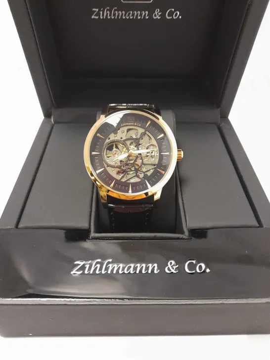 ZIHLMANN & CO ROSE GOLD EFFECT BLACK LEATHER STRAP WRISTWATCH