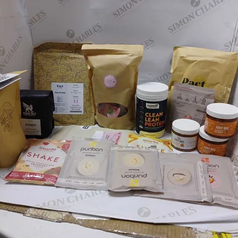 LOT OF APPROXMATELY 18 ITEMS TO INCLUDE NUZEST CLEAN LEAN PROTEIN SMOOTH VANILLA (250g), JUST BEE VITAMIN HONEY, PACT COFFEE EL ZAPOTE GUATEMALA MEDIUM ROAST (250g), ETC