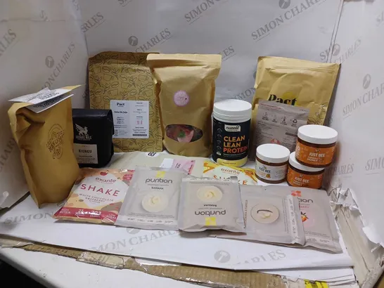 LOT OF APPROXMATELY 18 ITEMS TO INCLUDE NUZEST CLEAN LEAN PROTEIN SMOOTH VANILLA (250g), JUST BEE VITAMIN HONEY, PACT COFFEE EL ZAPOTE GUATEMALA MEDIUM ROAST (250g), ETC