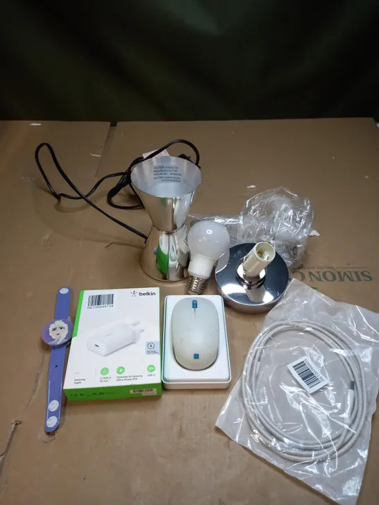 BOX OF APPROXIMATELY 15 HOUSEHOLD AND ELECTRICAL ITEMS TO INCLUDE JOHN LEWIS TOUCH LAMP, CHARGING CABLE, MICROSOFT WIRELESS MOUSE ETC 