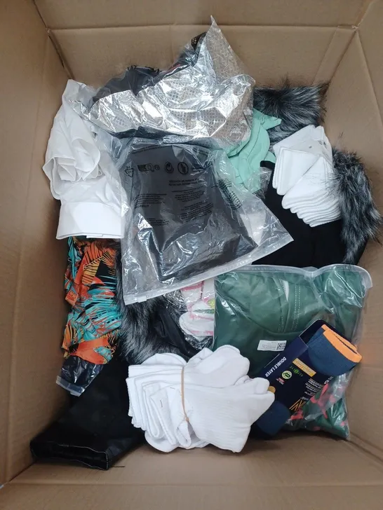 BOX OF APPROX. 50 ASSORTED CLOTHING VARYING IN SIZE/COLOUR/STYLE TO INCLUDE:  TOPS, TROUSERS, JUMPERS